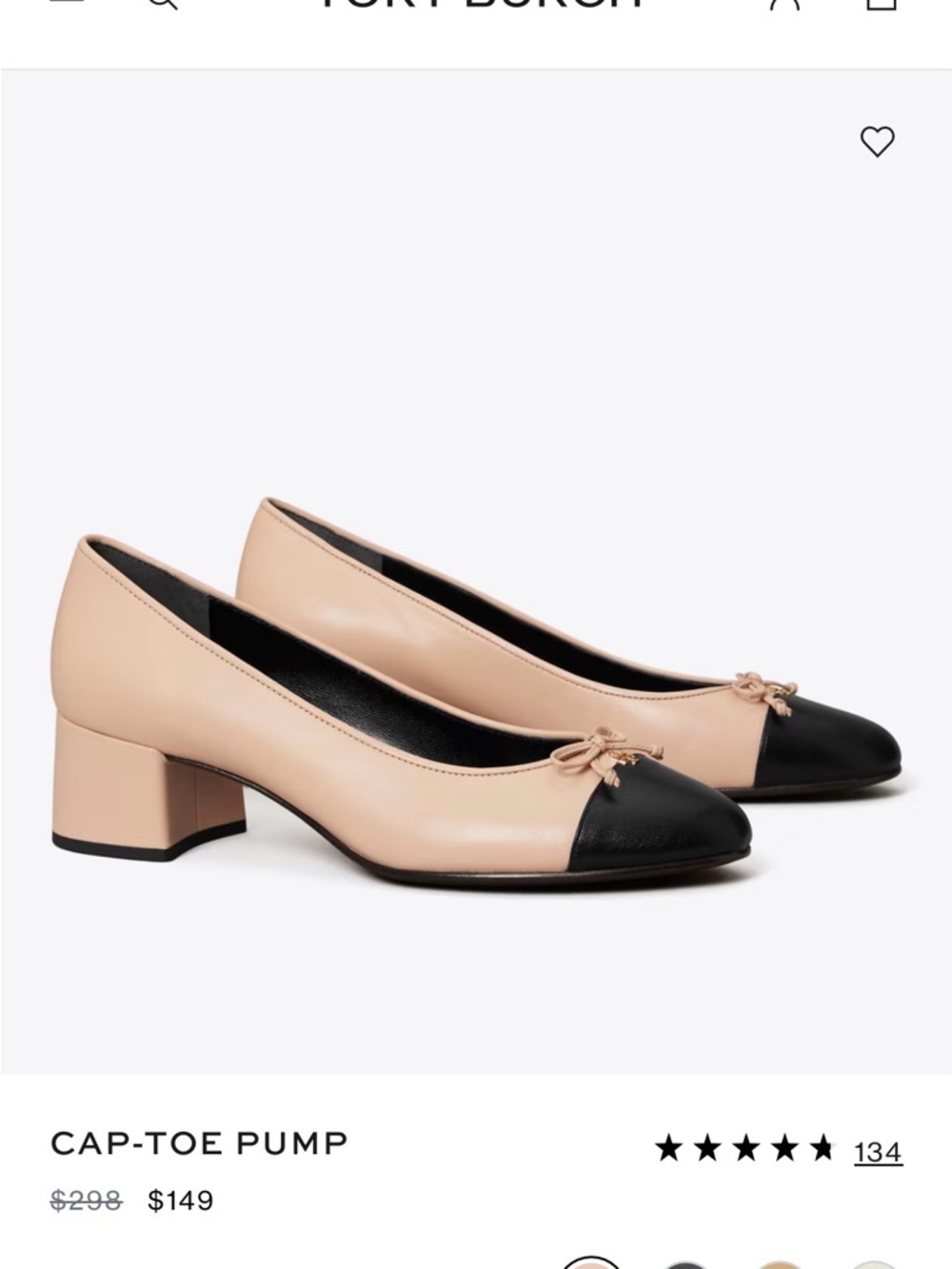 Tory Burch 7.5 Two-Tone Cap-Toe Low Block Heel Pump